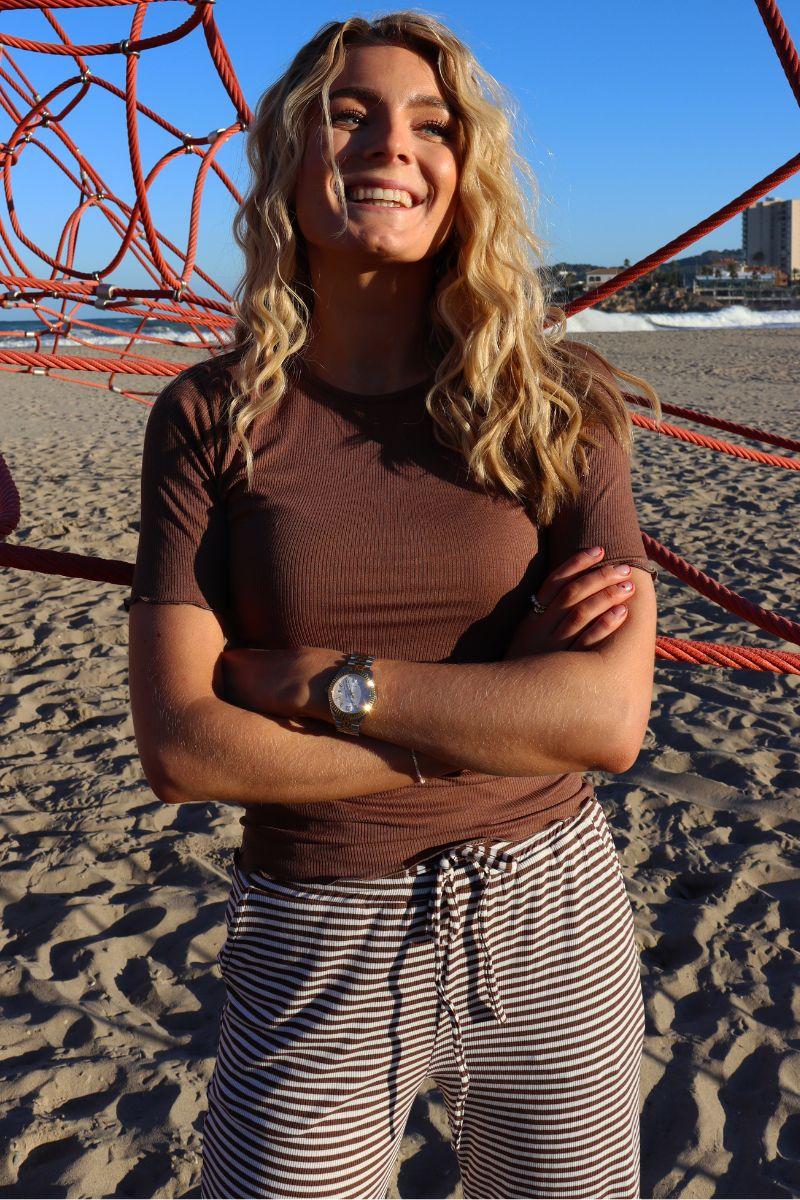 Natalia Straight Pants | Brown Creme Stripe | Bukser fra Liberté