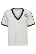 Randig V-T-shirt med kant 33161 | Offwhite Mocca