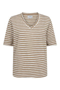 Ulla Ss V-ringad randig t-shirt | Ljusbrun vit randig