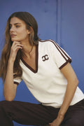 Randig V-T-shirt med kant | Offwhite Vinröd
