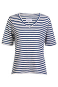 Ulla Ss V-ringad randig t-shirt | Denimblå vitrandig